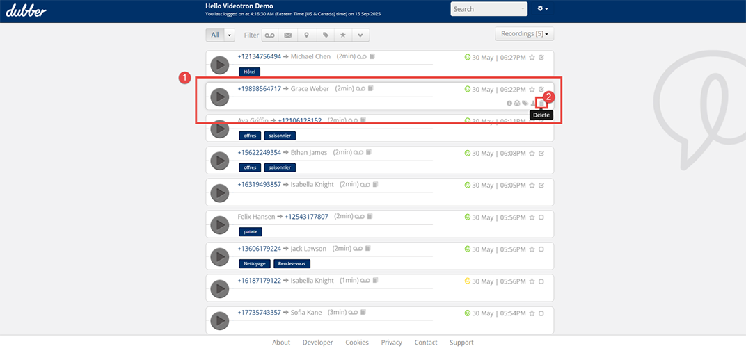 Dubber Delete Recording
