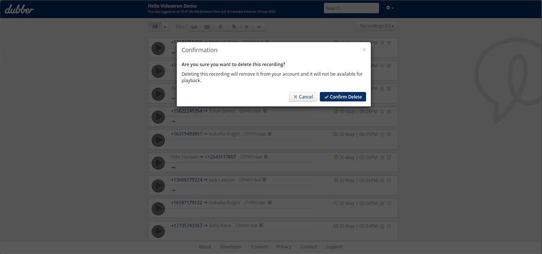 Dubber Delete Recording
