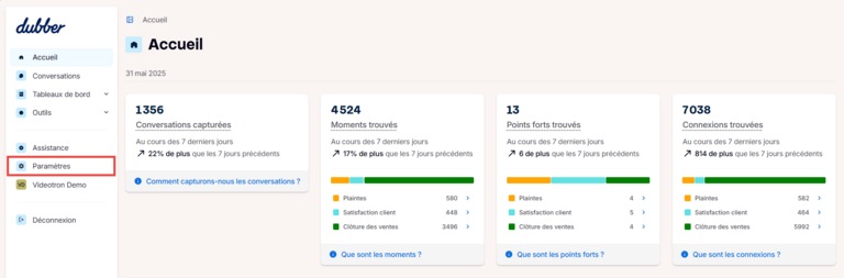 Dubber Accueil Paramètres, comment filtrer enregistrement IA