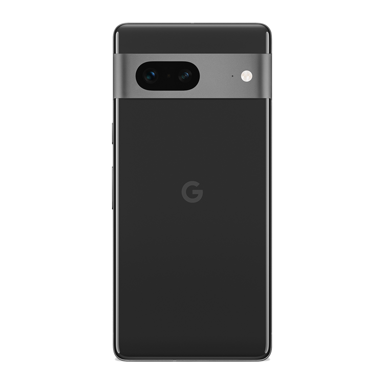 Google Pixel 7 couleur noir volcanique vu de l’arrière, montrant l’appareil photo arrière et le logo Google en dessous.