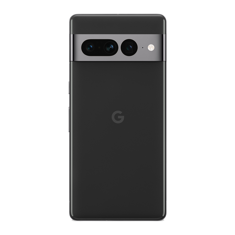 Google Pixel 7 Pro couleur noir volcanique vu de l’arrière, montrant l’appareil photo arrière et le logo Google en dessous.
