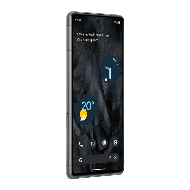 Google Pixel 7 couleur noir volcanique vu du côté sans les touches d'alimentation et de volume.
