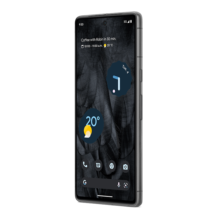 Google Pixel 7 in Obsidian seen from the power and volume key side at an angle.