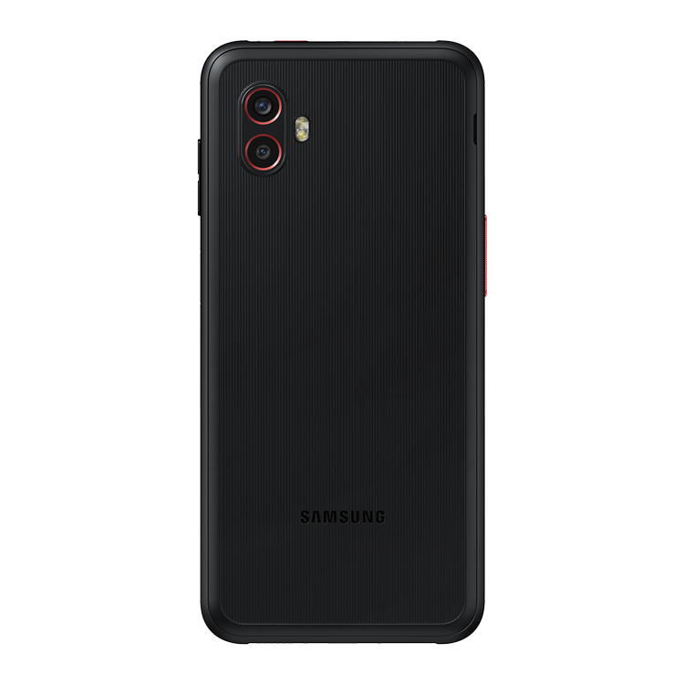 Samsung Galaxy XCover6 Pro couleur noir vu de l’arrière, montrant l’appareil photo arrière et le logo Samsung en dessous.