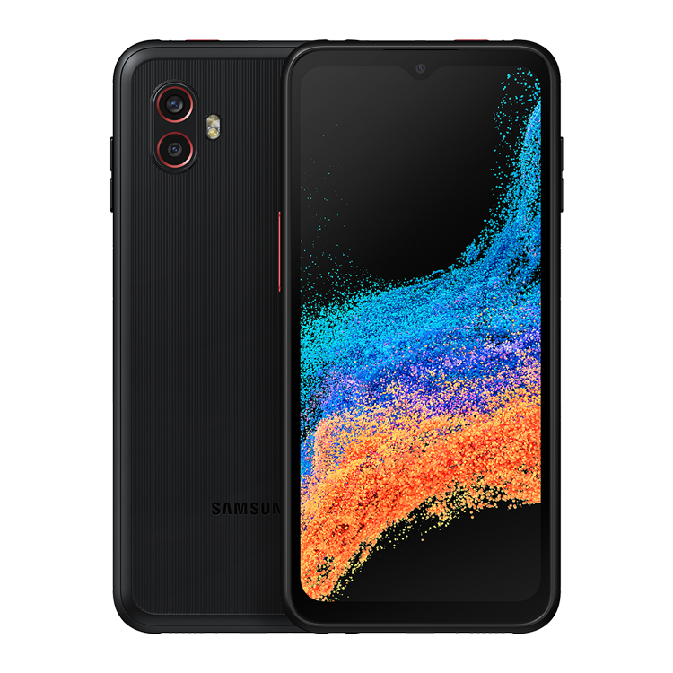 Deux téléphones Samsung Galaxy XCover6 Pro couleur noir, l’un vu de l’arrière et l’autre de l’avant.