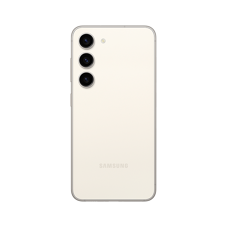 Samsung Galaxy S23 vu de l’arrière, montrant l’appareil photo arrière et le logo Samsung en dessous.