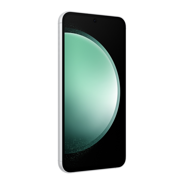 Samsung Galaxy S23 FE in Mint seen from the keyless side at an angle.