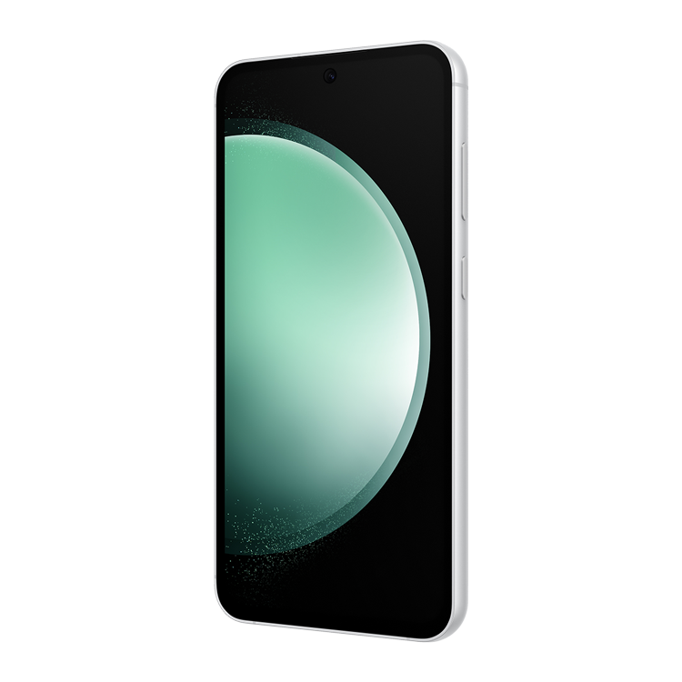 Samsung Galaxy S23 FE in Mint seen from the power and volume key side at an angle.