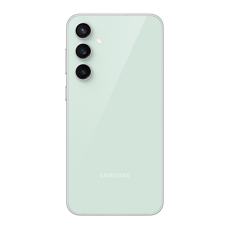 Samsung Galaxy S23 FE in Mint seen from the rear, showing the rear camera and Samsung logo below.