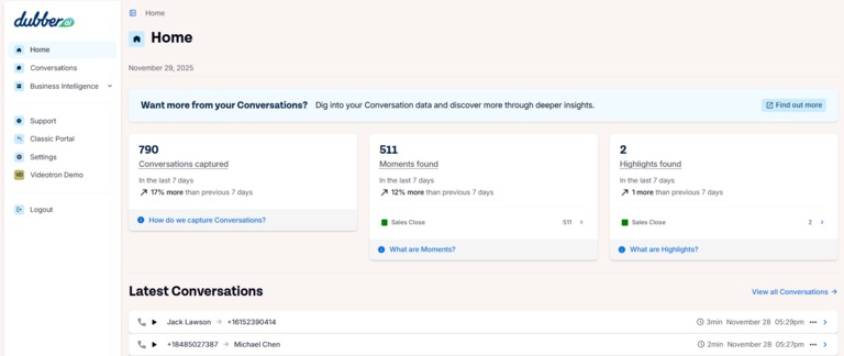 Dubber Home Accessing portal with AI
