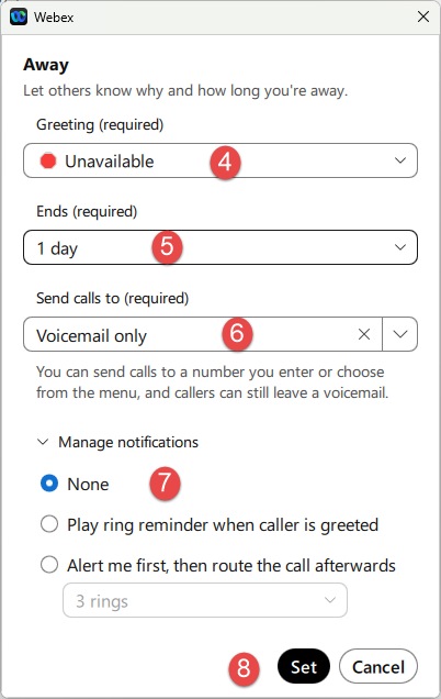 Webex Guide utilisateur Absent Non disponible 4 5 6 7 8