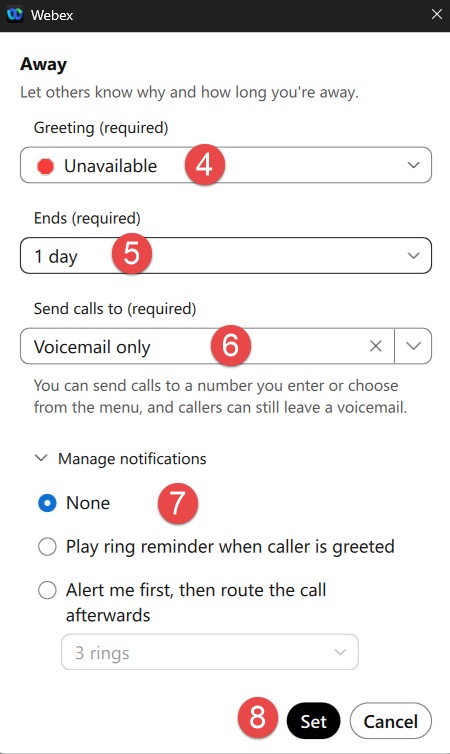 Webex Guide utilisateur Absent Non disponible 4 5 6 7 8