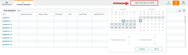 Aruba Data Dates Presence Analytics May 16 to May 16