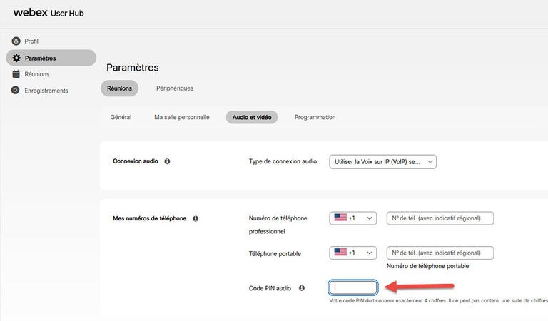 Webex User hub Paramètres Code PIN 