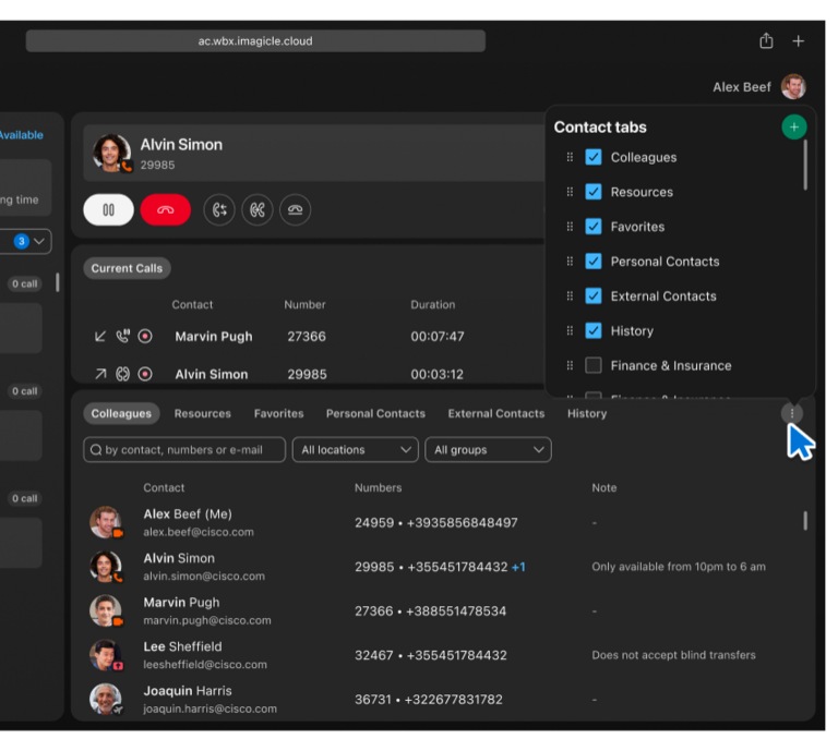 Contact tabs Alvin Simon