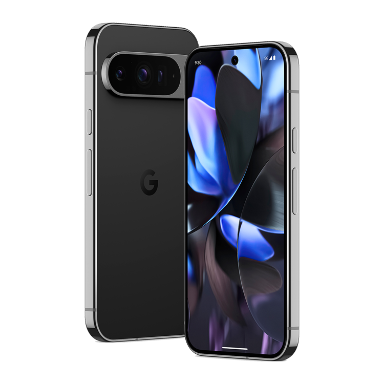 Google Pixel 9 Pro Obsidian front and back view with camera and Google logo