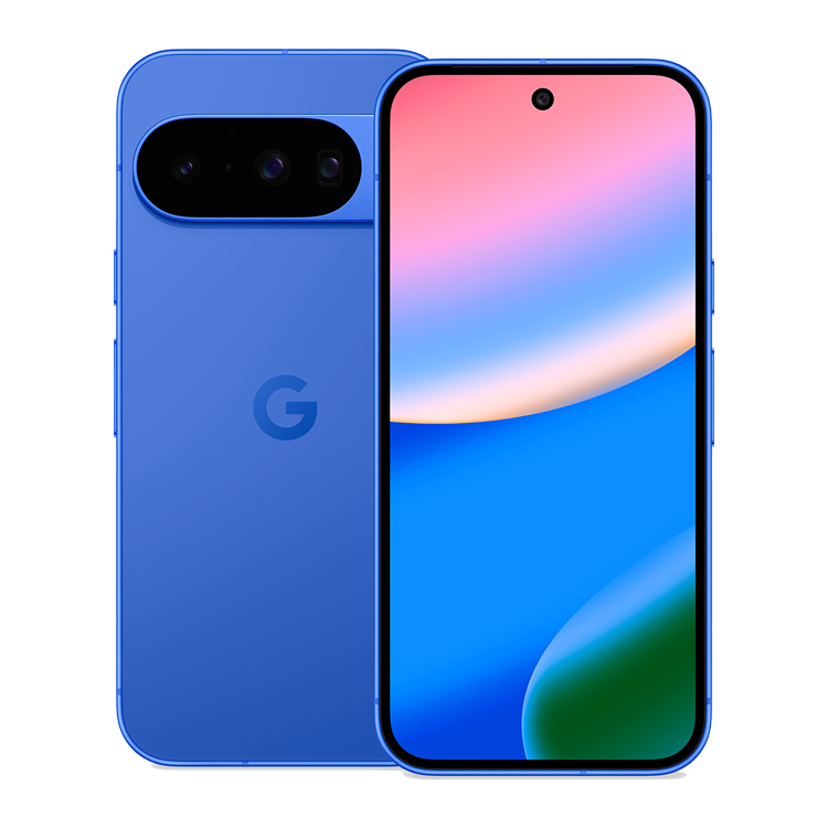 Google Pixel 10 Indigo vue de face et de dos avec appareil photo et logo Google