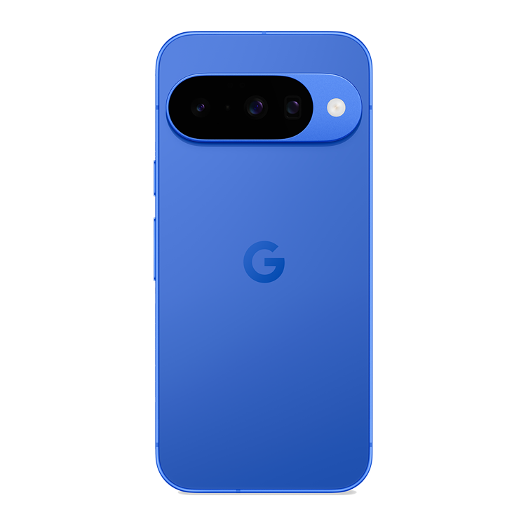 Google Pixel 10 Indigo vue de dos avec appareil photo et logo Google
