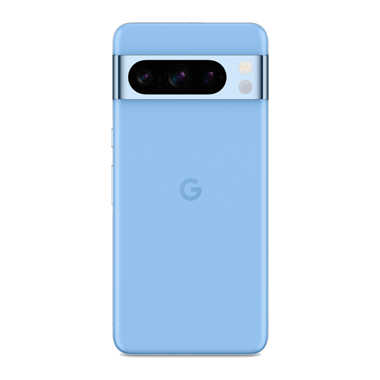 Google Pixel 8 Pro in Bay seen from the rear, showing the rear camera and Google logo below.