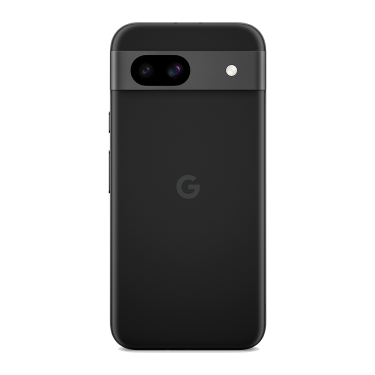 Google Pixel 8a Obsidian color back view with camera and Google logo