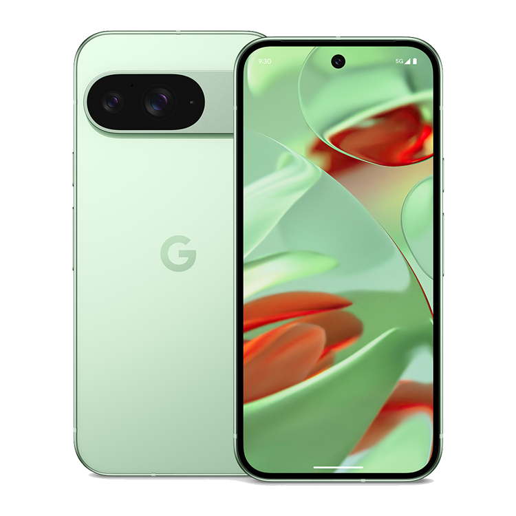 Google Pixel 9 Wintergreen vue avant et arrière avec appareil photo et logo google