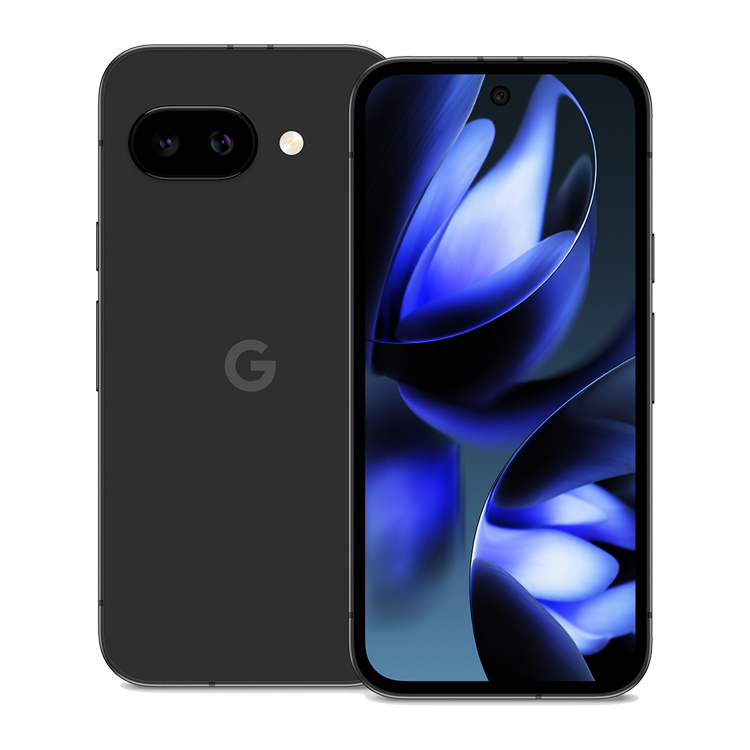 Google pixel 9a Noir volcanique vue de face et de dos avec appareil photo et logo Google