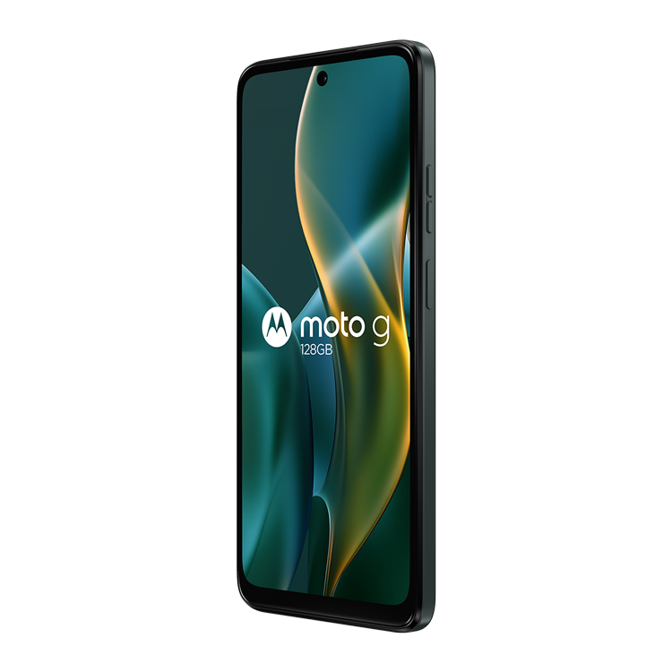 Motorola moto g - 2025 couleur forêt vue de côté avec bouton volume