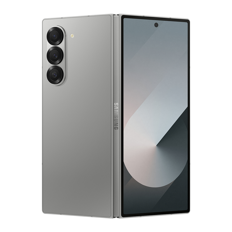 Samsung Galaxy Fold6 Ombre argent vue face et de dos avec camera et logo samsung