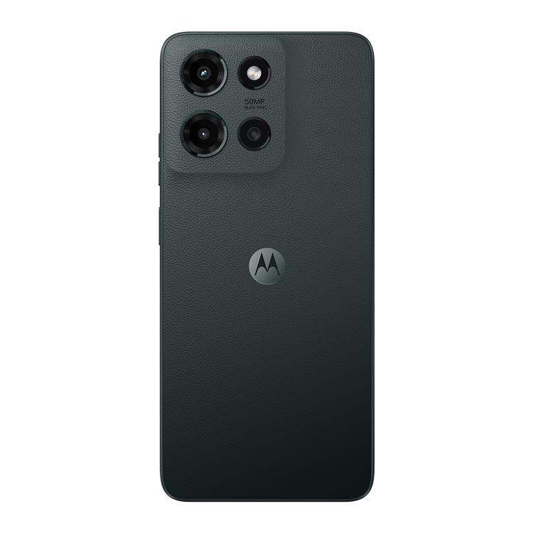 Motorola moto g - 2025 couleur forêt vue de dos avec appareil photo et logo Motorola
