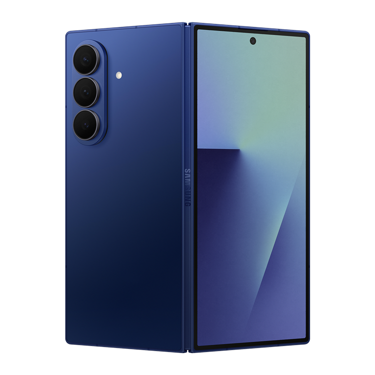 Samsung Galaxy Z Fold7 Blue Shadow Back view with camera and Samsung logo