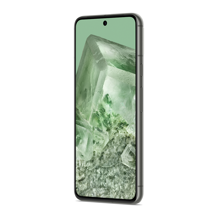 google pixel 8 seen from the power and volume key side at an angle.