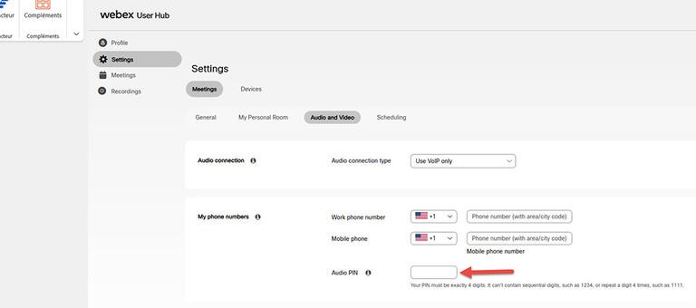 Webex User hub Settings PIN