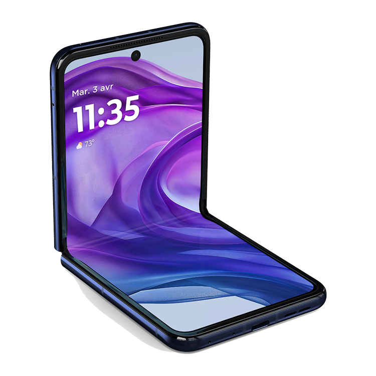 Motrola Razr+ 2024 bleu minuit vue de face plié