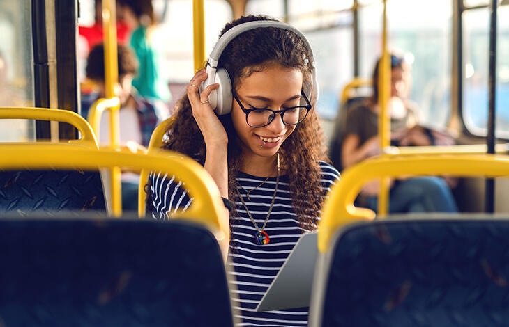 A woman listening to music