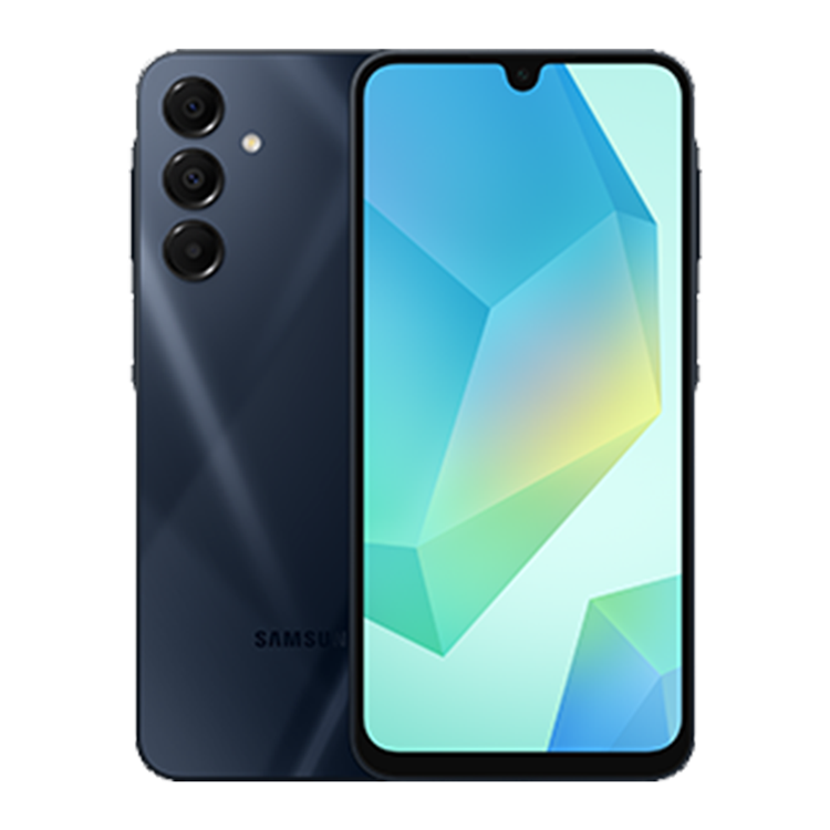 samsung galaxy a16 couleur bleu noir vue de face et vue de dos avec appareil photo et logo Samsung