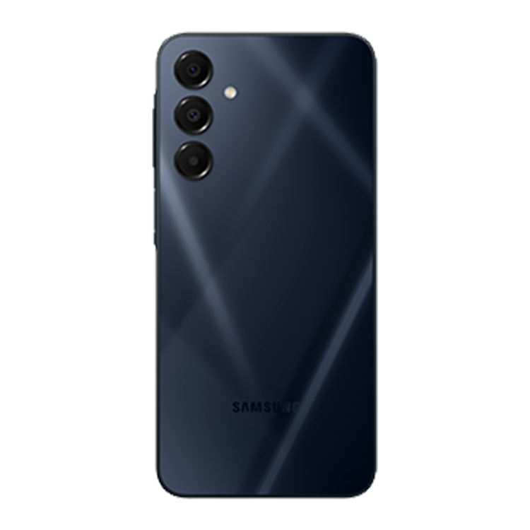 samsung galaxy a16 couleur bleu noir vue de dos avec appareil photo et logo Samsung