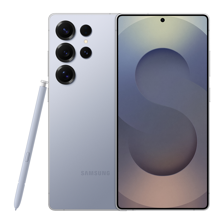 Samsung Galaxy S25 Ultra - Couleur titane bleu argenté - vue de face et de dos