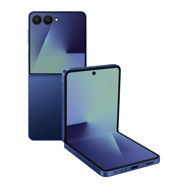 Samsung Galaxy Z Flip7 - Couleur Ombre bleu - vue de face et vue plié