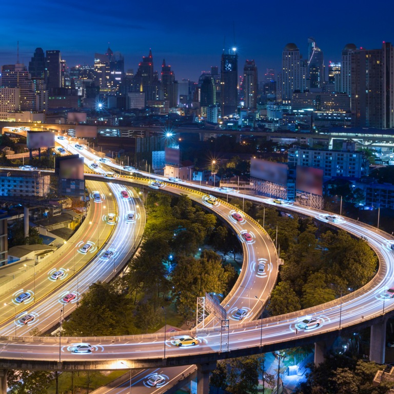 highway city car night road
