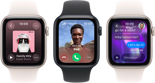 Three Apple Watch SE 3 devices next to each other, one showing the Apple Music app, one showing an incoming phone call, and one showing an iMessage exchange