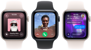 Three Apple Watch SE 3 devices next to each other, one showing the Apple Music app, one showing an incoming phone call, and one showing an iMessage exchange