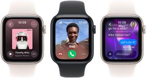 Three Apple Watch SE 3 devices next to each other, one showing the Apple Music app, one showing an incoming phone call, and one showing an iMessage exchange