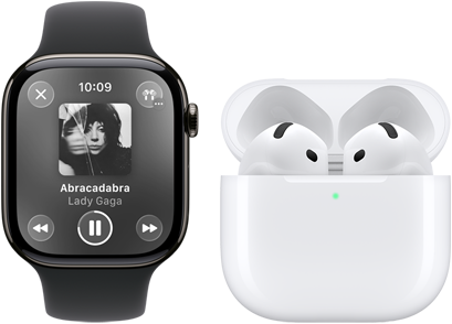 Apple Watch Series 11, titanium slate case, band: black sport band, Apple Music app open, paired with AirPods 4