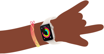 Cartoon illustration of kid's wrist wearing Apple Watch SE 3 with the Activity app open on the screen