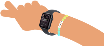Cartoon illustration of kid's wrist wearing Apple Watch SE 3 with the Messages app open on the screen