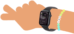 Cartoon illustration of kid's wrist wearing Apple Watch SE 3 with the Messages app open on the screen