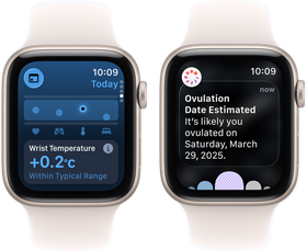 two Apple Watch SE 3 devices with Starlight aluminum cases showing the Vitals app on screens