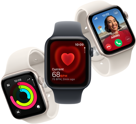 Three Apple Watch SE 3 devices floating next to each other