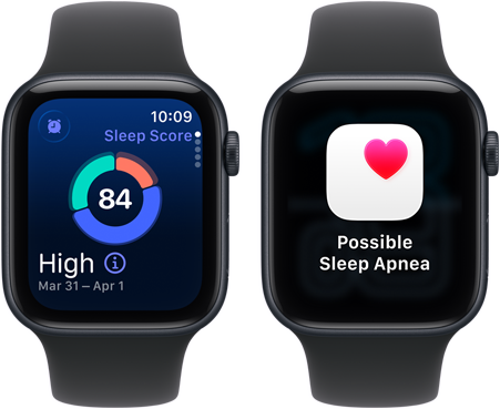 Two Apple Watch SE 3 devices with Midnight aluminum cases showing sleep score and a possible sleep apnea alert on screens