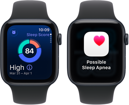 Two Apple Watch SE 3 devices with Midnight aluminum cases showing sleep score and a possible sleep apnea alert on screens